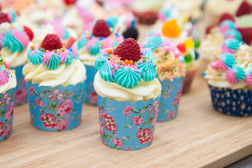 Assorted colorful cupcakes with blue, pink and orange frosting, decorated with raspberries, marshmallow, sprinkles and candies. 