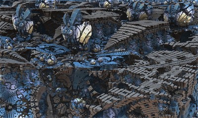 Computer generated 3D fractal.Abstract chaos in gray-blue tones.