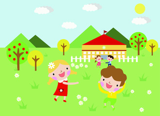 children playing near the house, cartoon children's world, children's characters