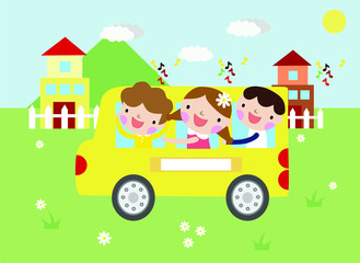 children ride on a yellow bus, cartoon children's world, children's characters