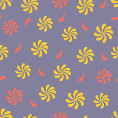 Fototapeta na wymiar Yellow and orange motifs on a grey background. Seamless Pattern Print Background