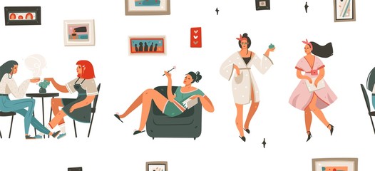 Hand drawn vector abstract cartoon modern graphic illustration art seamless pattern with girl characters isolated on white background