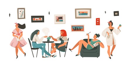 Hand drawn vector abstract cartoon modern graphic illustration art collection bundle set with girl characters isolated on white background