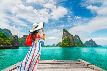 Stylish traveler woman joy beautiful nature scenic landscape Phang-Nga bay, Attraction adventure...