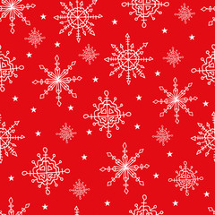White Stars or Snowflakes on a Red Background with Snow Falling. Seamless Pattern Print Background.