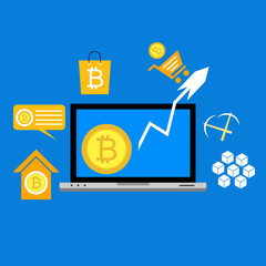 Cryptocurrency and Blockchain concept. Farm for mining bitcoins. Digital money market, investment, finance and trading. Can be used for workflow layout template, banner, marketing, infographics.