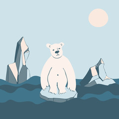 Polar Bear on small melting ice in ocean illustration vector graphic. Global warming crisis. Climate change problem concept. For poster, stickers, banner