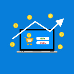 Cryptocurrency and Blockchain concept. Farm for mining bitcoins. Digital money market, investment, finance and trading. Can be used for workflow layout template, banner, marketing, infographics.