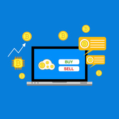 Cryptocurrency and Blockchain concept. Farm for mining bitcoins. Digital money market, investment, finance and trading. Can be used for workflow layout template, banner, marketing, infographics.