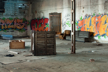 Abandoned dirty industry building with graffiti