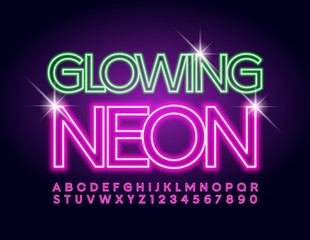 Vector colorful Banner Glowing Neon. Bright stylish Alphabet Letters and Numbers. Illuminated pink Font