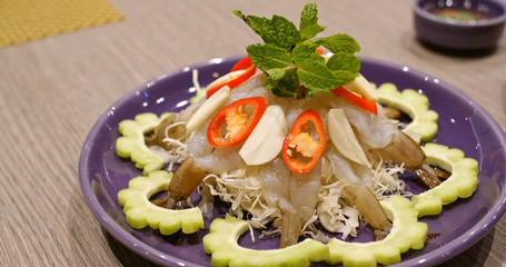 Raw shrimp and spicy sauce, spicy salad shrimp in fish sauce, thai cuisine