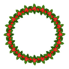 Holly leaves berries wreath Christmas frame on white background with empty space for your text, design element.	