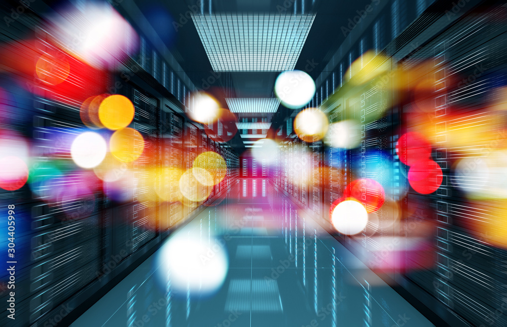 Poster Servers data center room with bright bokeh light going through the corridor 3D rendering