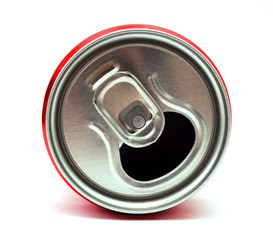 open metal can from a carbonated drink, white background, macro