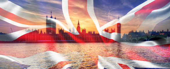 Composite image of Westminster Big Ben Union Jack Flag for Politics UK General Election 2019 - obrazy, fototapety, plakaty
