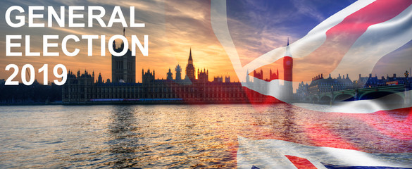 Composite image of Westminster Big Ben Union Jack Flag for Politics UK General Election 2019