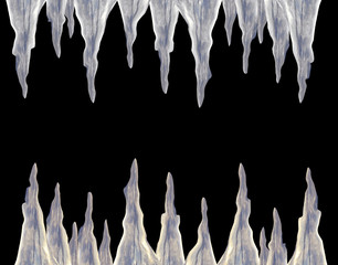 row of icicles in a cellar on a black background isolate clipping