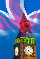 Composite image of Westminster Big Ben Union Jack Flag for Politics UK General Election 2019
