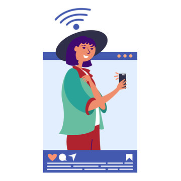 Girl in an influencer hat takes a selfie. Blogging in social networks. Blogger popular in social networks. Key opinion leader. Vector