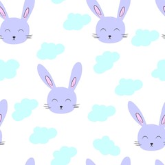 vector illustration of a hare pattern with clouds, on a white background, cover, dream, baby textile