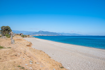 Beach and ruins of Anemurium ancient city in Anamur, Mersin, Turkey