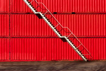 Steel white stair on red container background. Industrial 