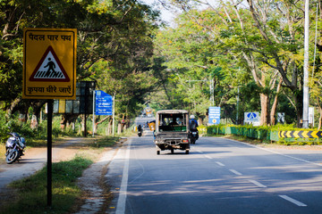 Obraz premium In trees between road pass and many sign boards 
