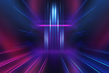 Empty background scene. Dark street reflection on wet asphalt. Rays of neon light in the dark, neon shapes, smoke. Background of an empty stage show. Abstract dark background.