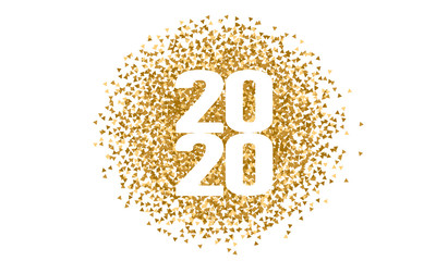 2020 Happy New Year text. Cover of business diary for 2020 in glossy gold glitter fashionable trend color. Brochure vector design template, card, banner and flyer illustration