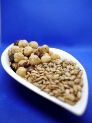 Photo of a white ceramic plate filled with a mix of hazelnuts and sunflower seeds, on bright blue background. Healthy tasty snack. Vegetarian food.