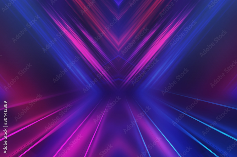 Poster empty background scene. dark street reflection on wet asphalt. rays of neon light in the dark, neon 