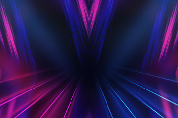 Empty background scene. Dark street reflection on wet asphalt. Rays of neon light in the dark, neon shapes, smoke. Background of an empty stage show. Abstract dark background.