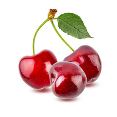 Cherry with leaf green isolated on white background with clipping path