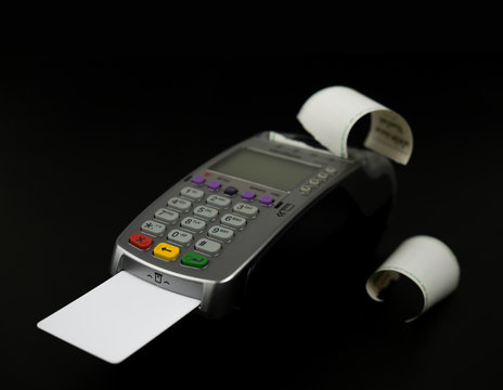 Credit card payment concept. close-up credit card mock up with blank card with a card swipe machine.
