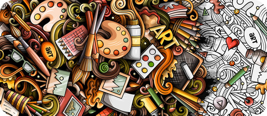 Obraz premium Artist hand drawn doodle banner. Cartoon detailed illustrations.