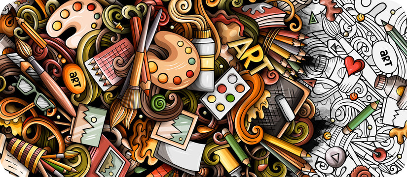 Artist hand drawn doodle banner. Cartoon detailed illustrations.