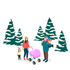 Vector isometric caucasian family with two children and a stroller in winter clothing outdoors in the forest