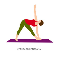 Yogi woman in Utthita triconasana or Elongated Triangle pose. Female cartoon character practicing Hatha yoga. Girl demonstrating exercise during gymnastics training. Flat vector illustration.