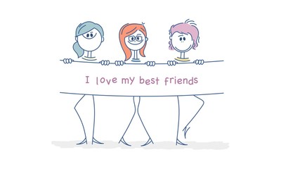 Three hand drawn girls on the background with the inscription I love my best friends. Vector illustration.