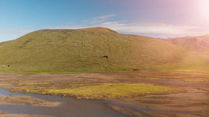 Amazing landscape of Landmannalaugar magnificent highlands in summer season, panoramic aerial view from drone, Iceland