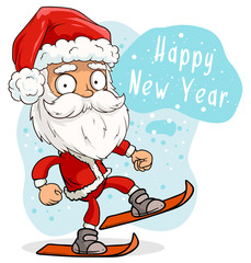 Cartoon cute funny bearded Santa Claus in red costume and cap riding on ski. Layered vector for animations. Isolated on white background. New Year and Christmas vector icon.