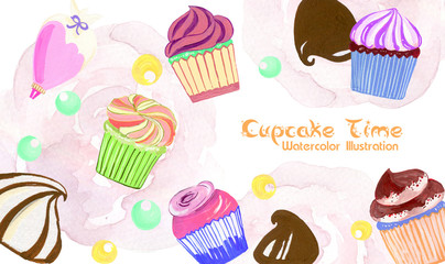 Beautiful frame invitation card with hand painted watercolor flower Botanical garden and Bakery cupcake bread on white background stock illustration for restaurant, card, invitation, wedding