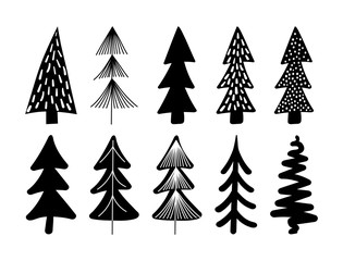 Set of cute hand drawn Christmas tree isolated on white background. Black stylized spruce, abstract textured fir silhouette icons collection. New Year Vector illustration for print, web, design, decor