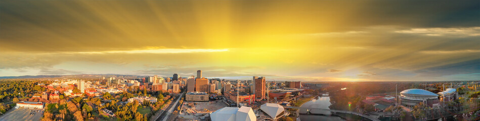 Sunset over Adelaide. South Australia. Panoramic aerial view from drone