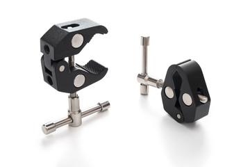Two Crab Clamp for DSLR or mirrorless Camera in closed and open form. Strong construction, made of stainless steel and aluminum alloy with 1 4 and 3 8 inch thread holes. Not isolated. White background