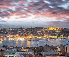 Istanbul skyline at sunset, aerial view from Beyoglu, Turkey