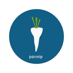 Vector parsnip icon isolated on white background.  Flat blue circle icon with vegetable. Healthy food. 