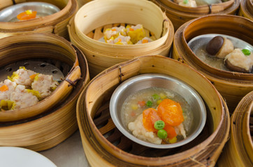 dim sum in bamboo steamer, chinese cuisine