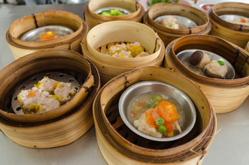 dim sum in bamboo steamer, chinese cuisine